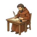 A monk writing a manuscript with a quill