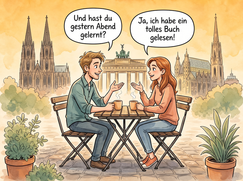 Hai người trò chuyện bằng tiếng Đức trước phong cảnh cách điệu của Đức và Áo